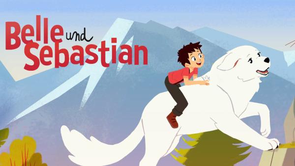 Sebastian reitet auf Belle durch die Berge. Beide sehen fröhlich aus. Neben den beiden steht der Schriftzug "Belle und Sebastian".