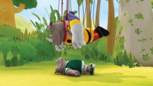 Rechte: KiKA/Nelvana Limited Lord Rataxes ist bei einem Sturm aus seinem Ballon abgestürzt. Sein Enkel Rhudi hat ihn gerade gefunden.