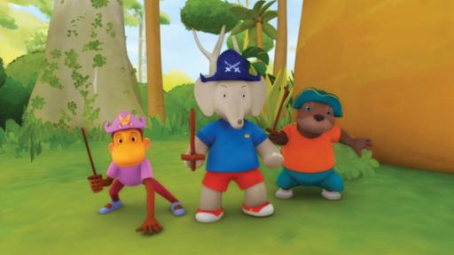 Rechte: KiKA/Nelvana Limited Badou, Chiku und Munroe spielen Piraten.