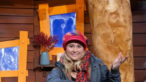 Rechte: KiKA Singa sitzt im Baumhaus und hat einen großen Karton mit einem Fragezeichen auf dem Bein.
