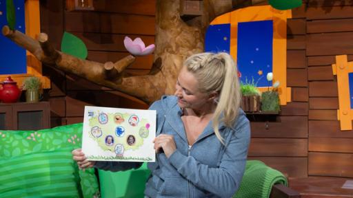 Rechte: KiKA Singa betrachtet ihren MACH MiT! Familienstammbaum.