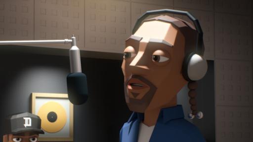 Rechte: KiKA/22D Music Group, TeamTO Snoop-Dogg steht mit Kopfhörer im Tonstudio. Vor ihm ein Mikrofon. Im Hintergrund ein Fenster zum Regieraum, in dem Dr. Dre die Aufnahme des Songs verfolgt.
