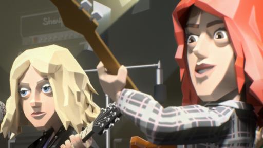 Rechte: KiKA/22D Music Group, TeamTO Drei Frauen mit Elektro-Gitarren auf einer Bühne. Vor ihnen stehen Mikrofone. Sie performen einen Grunge-Song.