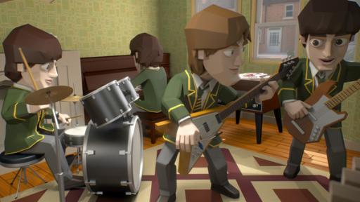Rechte: KiKA/22D Music Group, TeamTO Vier Männer musizieren zusammen in einem Wohnzimmer. Sie spielen Klavier, Schlagzeug, Bass- und Elektro-Gitarre.