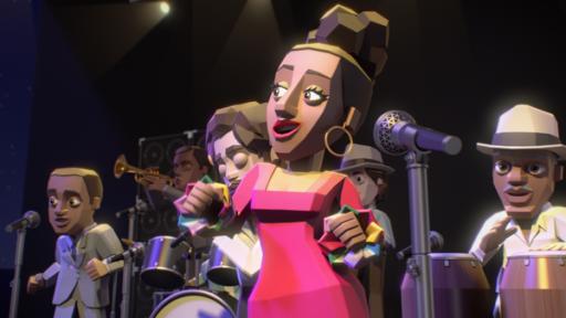 Rechte: KiKA/22D Music Group, TeamTO Celia Cruz steht auf der Bühne und macht eine Tanzbewegung mit Hüfte und Armen. Direkt neben ihr ein Mikrofon. Hinter ihr Salsa-Musiker mit Trommeln, Trompete, am Schlagzeug sowie ein Background-Sänger.
