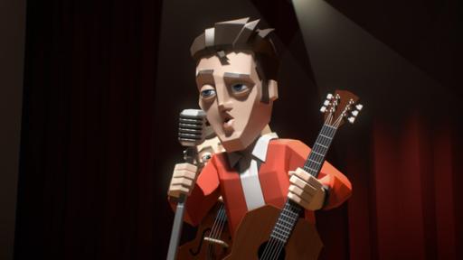 Rechte: KiKA/22D Music Group, TeamTO Elvis Presley steht auf einer Bühne mit einer Hand am Mikrofon und singt im Scheinwerferlicht. Er hält eine Gitarre in der Hand und präsentiert gefühlvoll seinen Song.