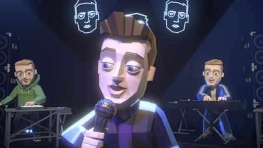 Rechte: KiKA/22D Music Group, TeamTO In der Mitte der Sänger der Band Disclosure, Sam Smith, mit Mikrofon in der Hand im Scheinwerferlicht. Zwei Bandmitglieder stehen an ihren Keyboards im Hintergrund.