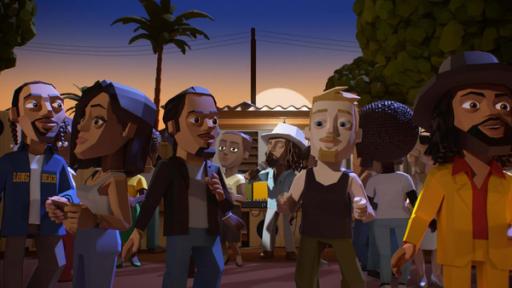 Rechte: KiKA/22D Music Group, TeamTO Mehrere Personen tanzen bei Sonnenuntergang im Freien zu Reggae-Musik. Im Hintergrund singt Alton Ellis mit Mikrofon.