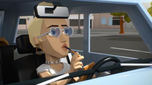 Rechte: KiKA/22D Music Group, TeamTO Die Latin-Pop Ikone Kali Uchis sitzt in einem Auto. Sie hält Stift und Notizblock in den Händen und denkt gerade über etwas nach.