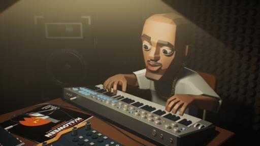 DJ Toomp beim Experimentieren mit dem Trap Sound am Synthesizer im schummrigen Licht des Tonstudios