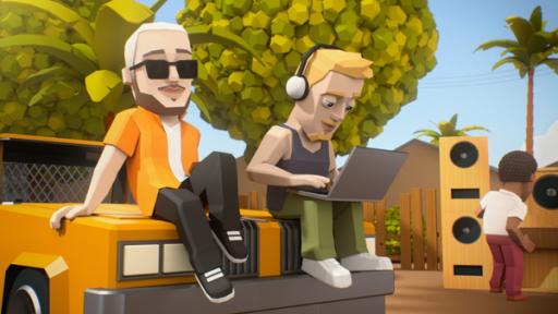Rechte: KiKA/22D Music Group, TeamTO DJ Snake und Diplo sitzen lässig auf der Motorhaube eines Autos. Diplo hat Kopfhörer aufgesetzt und tippt auf einem Laptop.