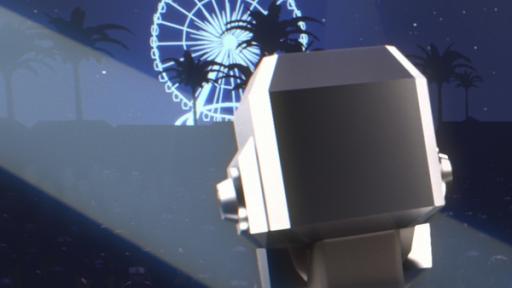 Rechte: KiKA/22D Music Group, TeamTO Das Duo Daft Punk mit Roboterhelmen im Scheinwerferlicht. Im Hintergrund Palmen und ein Riesenrad bei Nacht.