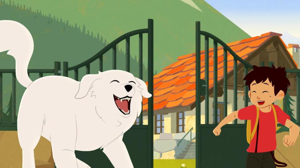 Belle und Sebastian verlassen lachend ein Haus in den Bergen.
