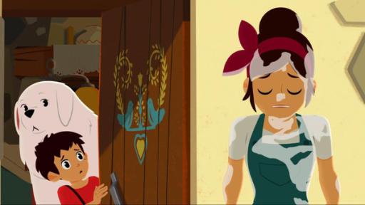 Angelina in Nöten | Rechte: © 2017 Gaumont Animation, PVP Animation III Inc.- All rights reserved Angelina ist ganz nass und guckt sehr traurig. Belle und Sebastian schauen hinter einer Tür hervor und sehen sie.