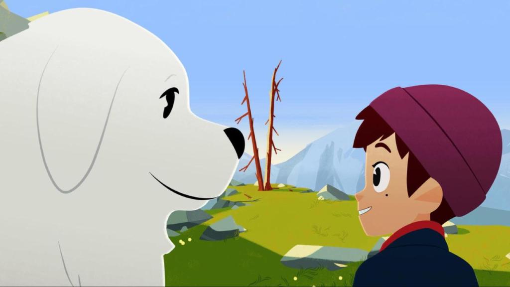Belle, ein großer weißer Hund, und der Junge Sebastian schließen Freundschaft.