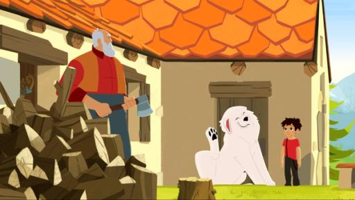 Belles Flohzirkus | Rechte: © 2017 Gaumont Animation, PVP Animation III Inc.- All rights reserved Cesar hackt gerade Holz. Belle kratzt sich mit seiner Pfote hinterm Ohr. Sebastian steht neben ihr.