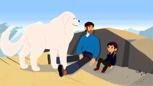 Bergsteiger in Not | Rechte: © 2017 Gaumont Animation, PVP Animation III Inc.- All rights reserved Sebastian sitzt mit einem Bergsteiger auf einem sehr hohen Berg. Belle steht daneben.