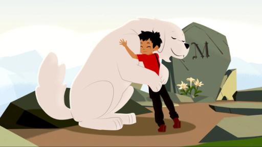 Das Geheimnis der Hütte | Rechte: © 2017 Gaumont Animation, PVP Animation III Inc.- All rights reserved Sebastian und Belle sind vor einem Stein, in dem ein "M" eingraviert ist und vor dem Blumen liegen. Sie umarmen sich.