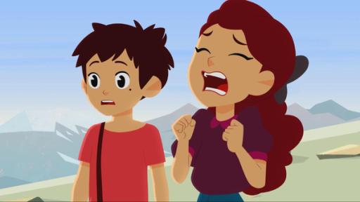 Das kostbare Armband | Rechte: © 2017 Gaumont Animation, PVP Animation III Inc.- All rights reserved Adèle (rechts) ist wütend und traurig zugleich, weil sie ihr Armband in einer Schlucht verloren hat. Sebastian (links) steht neben ihr.