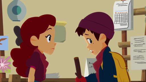 Der kleine Bergführer | Rechte: © 2017 Gaumont Animation, PVP Animation III Inc.- All rights reserved Adele (links) redet mit Sebastian (rechts). Er trägt seine Wanderklamotten und guckt traurig zur Seite.