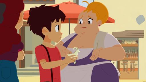 Der seltsame Glücksbringer | Rechte: © 2017 Gaumont Animation, PVP Animation III Inc.- All rights reserved Sebastian hält den Glücksbringer, der aussieht wie eine Ziege, in der Hand. Roberta beugt sich zu ihm herunter und spricht mit ihm.