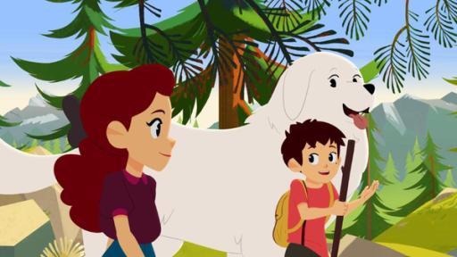 Die Bergschule | Rechte: © 2017 Gaumont Animation, PVP Animation III Inc.- All rights reserved Belle und Sebastian laufen durch den Wald. Sebastian hält einen Stock in der Hand. Nebenher läuft Adele.