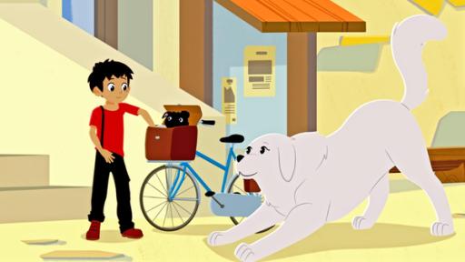 Die Nervensäge | Rechte: © 2017 Gaumont Animation, PVP Animation III Inc.- All rights reserved Sebastian ist mit dem Fahrrad unterwegs. Er hat vorne auf dem Fahrrad eine Tasche stehen, aus der ein schwarzer Mops rausguckt. Belle ist neben ihm.