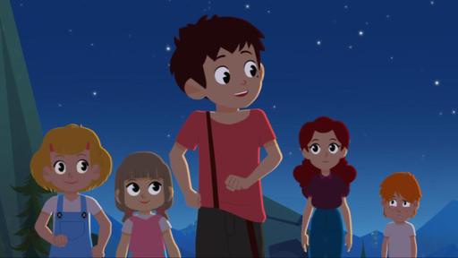Immer den Sternen nach | Rechte: © 2017 Gaumont Animation, PVP Animation III Inc.- All rights reserved Lynette, Marie, Sebastian, Adele und Sören machen Nachts eine Sternschnuppen-Wanderung. Sebastian übernimmt die Führung.