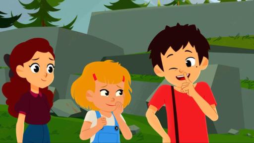 Kein Sterbenswörtchen | Rechte: © 2017 Gaumont Animation, PVP Animation III Inc.- All rights reserved Sebastian hält sich einen Finger vor den Mund und zwinkert Lynette zu. Adele steht daneben und lächelt.