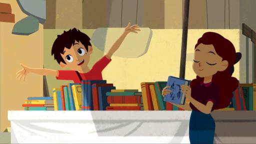 Saint Martin wird berühmt | Rechte: © 2017 Gaumont Animation, PVP Animation III Inc.- All rights reserved Sebastian steht hinter einem Tisch voller Bücher und wirft fröhlich die Arme nach oben. Adele steht davor und hält ein Buch in der Hand.
