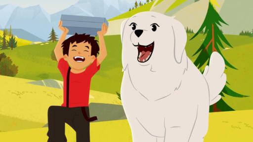 Wählt Belle! | Rechte: © 2017 Gaumont Animation, PVP Animation III Inc.- All rights reserved Belle und Sebastian laufen lachend über eine Wiese. Sebastian hält eine Box nach oben.