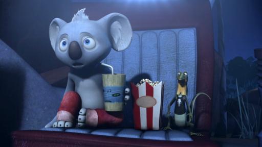 Rechte: KiKA/Studio 100 Media / Flying Bark Blinky und Jacko sehen sich bei Wombo einen echt gruseligen Film an.