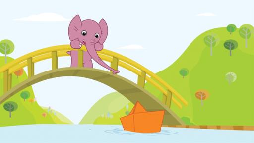 Rechte: KiKA/Studio-88 Werbe- und Trickfilm GmbH Der Elefant Tutu steht in der Mitte einer Brücke über einem Flusss. Er schaut auf ein orangefarbenes Papierschiffchen, das auf dem Wasser treibt.