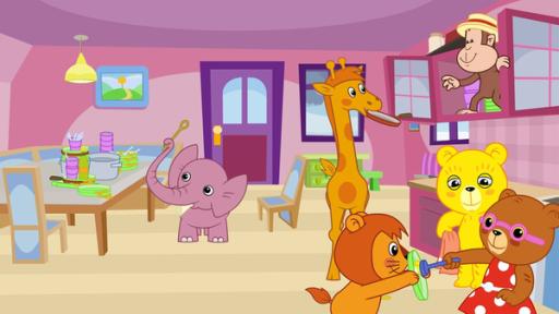 Küchenmusik | Rechte: KiKA/Studio-88 Werbe- und Trickfilm GmbH Bummi und seine Freunde sind in der Küche. Auf dem Küchentisch stapelt sich dreckiges Geschirr. Die Tiere waschen es ab und räumen es in die Küchenschränke.