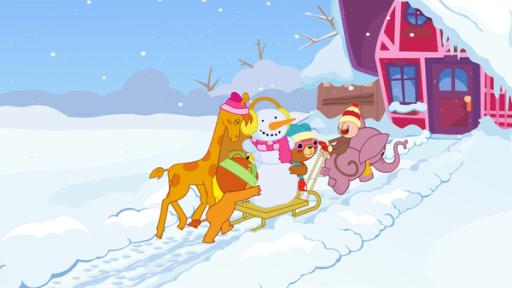 Rechte: KiKA/Studio 88 Der Bär Bummi und seine Freunde schieben einen Schneemann auf einem Schlitten.