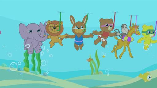 Rechte: KiKA/Studio 88 Von links nach rechts tauchen Tutu, Eddie, Hasenoma, Binchen, YamYam, Malia und Bummi unter Wasser und halten sich an den Händen. Alle Tiere tragen Schnorchel im Mund, die an die Wasseroberfläche ragen.