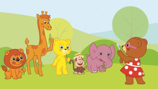 Rechte: KiKA/Studio 88 Von links nach rechts stehen Eddie, Malia, Bummi, YamYam und Tutu in einer Reihe und halten je eine leere Glasflasche in der Hand. Vor ihnen steht Binchen, die einen Löffel in die Luft streckt und ebenfalls eine leere Glasflasche in ihrer rechten Hand festhält.