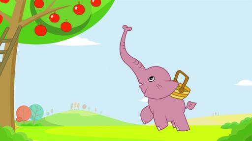 Rechte: KiKA/Studio 88 Der Elefant Tutu trägt einen Korb auf seinem Rücken und streckt seinen Rüssel zu einem Apfelbaum. Am Baum hängen viele rote Äpfel.