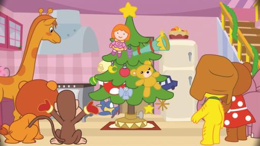 Rechte: KiKA/Studio 88 In der Mitte der Küche steht ein mit Spielzeugen geschmückter Tannenbaum. Bummi und seine Freunde stehen in einem Halbkreis um den Baum herum.
