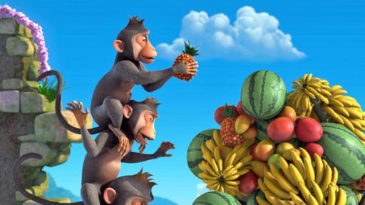 Die Affen bauen einen Turm aus Mangos, Bananen, Wassermelonen und Ananas. Um groß genug zu sein, sitzen sie auf den Schultern des jeweiligen Affens unter ihnen.