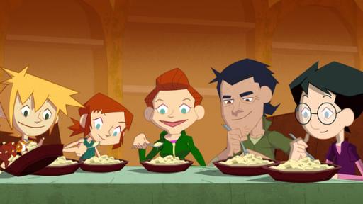 Rechte: KiKA/Gaumont-Alphanim Das Green Team beim gemeinsamen Abendessen