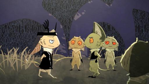 Der abtrünnige Kobold | Rechte: © Les Armateurs – ZDF Studios Es ist Nacht und im Gras haben sich die Kobolde versammelt. Wace steht dem neuen Anführer Kin gegenüber. Die Augen des neuen Anführers leuchten blau und die der anderen Kobolde orange.