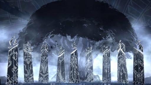 Die Neun Strahlen | Rechte: © Les Armateurs – ZDF Studios Es ist Nacht. Vor einem großen, dunklen Baum namens Yggdrasil stehen neun magische Pfeiler.