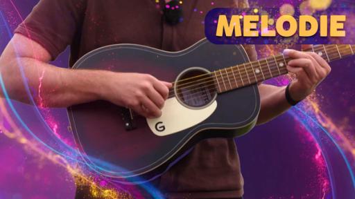 Jemand spielt eine Akustik-Gitarre vor lila Hintergrund. Bildtext: Melodie