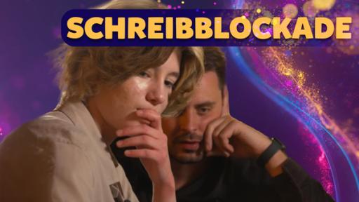 Paula und Jules schauen nachdenklich nach unten. Bildtext: Schreibblockade