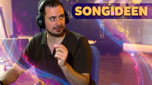 Jules Kalmbacher hat Kopfhörer auf und schaut nach rechts. Bildtext: Songideen