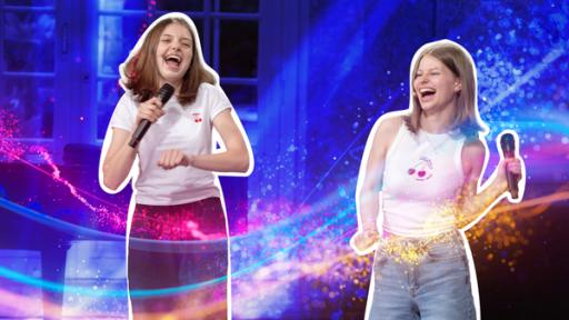 Der Auftritt von Lara und Cosima beim Casting | Rechte: KiKA Lara und Cosima singen in ein Mikrofon und tanzen