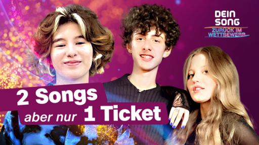 Folge 1: Paula, Lisa & Lukas wollen zurück zu „Dein Song“! | Rechte: KiKA Paula, Lukas und Lisa vor einem lila Hintergrund. Auf dem Bild steht "2 Songs aber nur 1 Ticket".