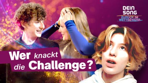 Folge 2: Speed-Songwriting… WTF?! | Rechte: KiKA Lukas, Lisa und Paula vor einem lilafarbenen Hintergrund. Auf dem Bild steht "Wer knackt die Challenge?".