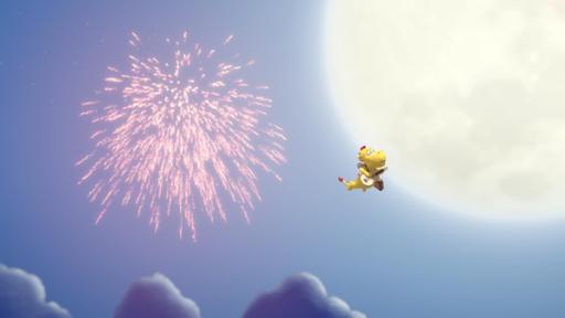 Wokki fliegt mit einer Gitarre am Mond vorbei. Neben ihm explodiert ein Feuerwerk.
